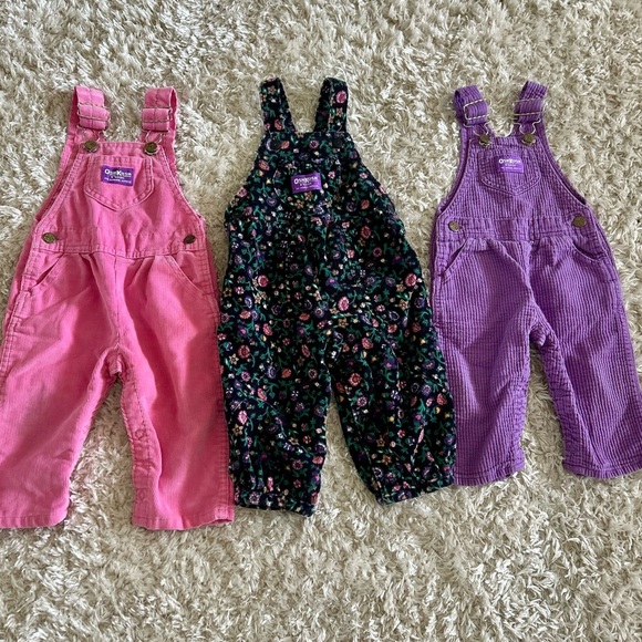 Vintage OshKosh B'gosh Kids Pink, Black floral, and Purple Overalls Set - Picture 1 of 4